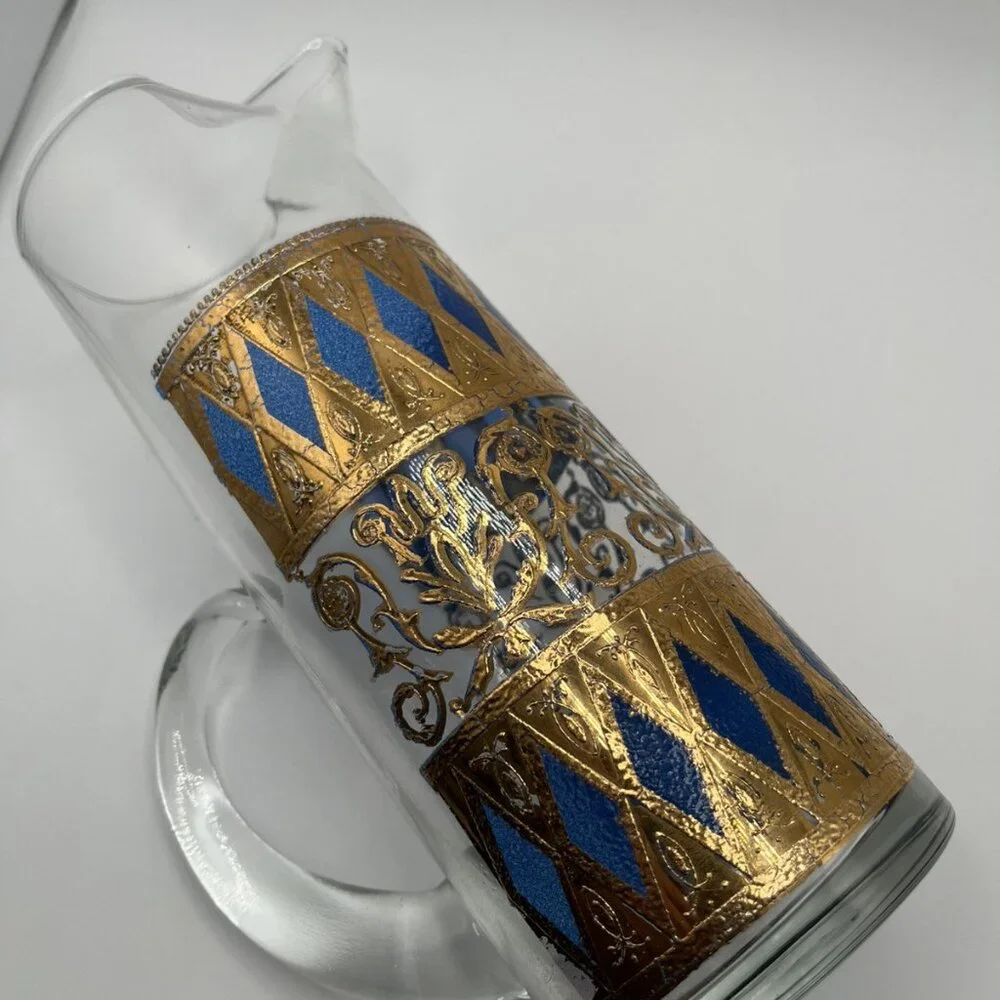 Vintage MCM West Virginia Glass Rainer 22K Gold & Blue Martini Pitcher Rare